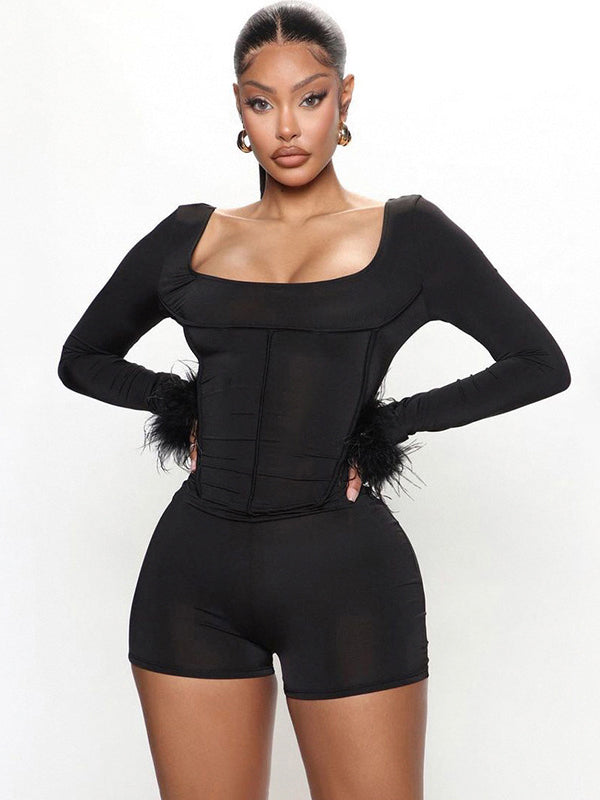 Long Sleeves Wrap Backless Raw Edge Solid Color Square-Neck Rompers