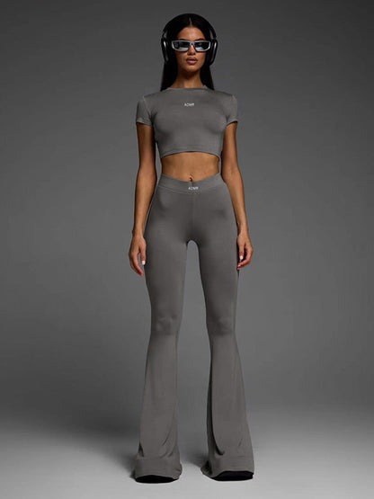 Cropped Letter Print Round-Neck Tee&Flared Pants Suits