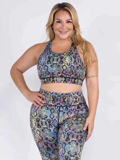 Plus Size High-Waisted Hollow Snakeskin Printed Spaghetti-Neck Bra&Leggings Suits