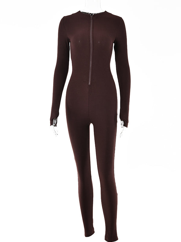 Solid Color Zipper Long Sleeves Jumpsuits