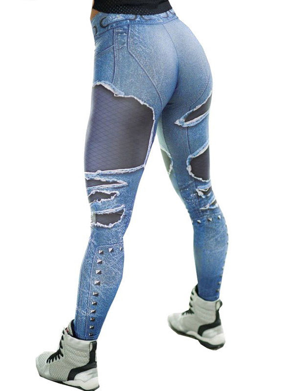 Hip-Lift Printed Denim Patchwork Sport Legging