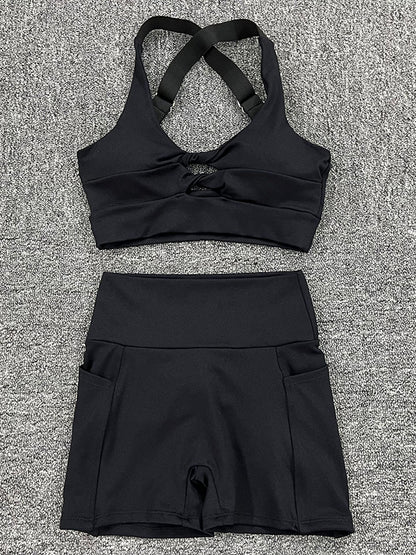 Skinny Wrap Hollow Halter-Neck Sports Bra&Pockets Shorts Solid Color Suits