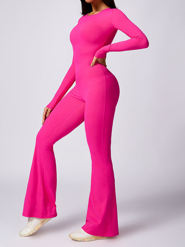 Flared Pants Backless Pleated Solid Color Round-Neck Jumpsuits