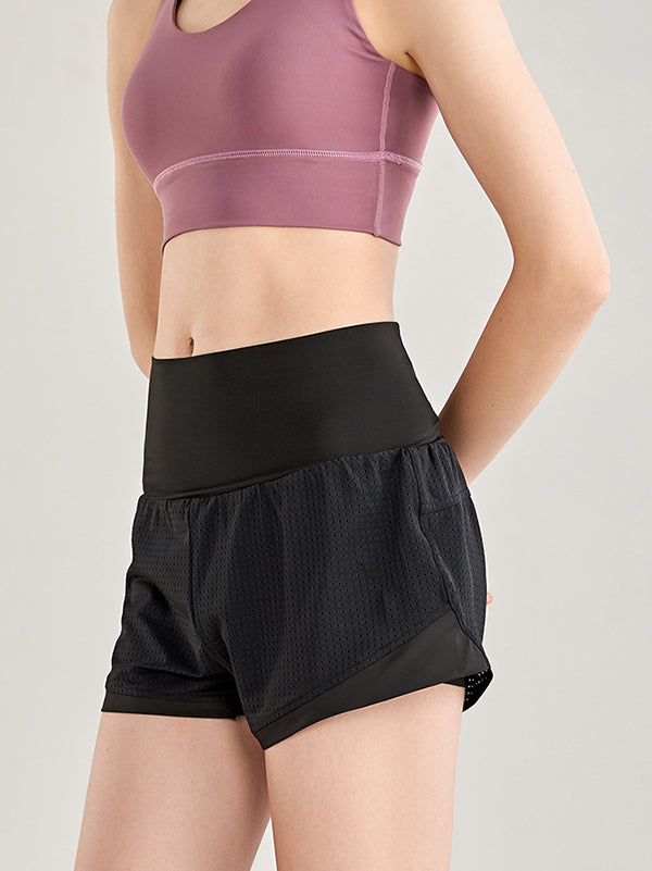 False Two Wrap Yoga Bottoms High-Waisted Pockets Solid Color Shorts