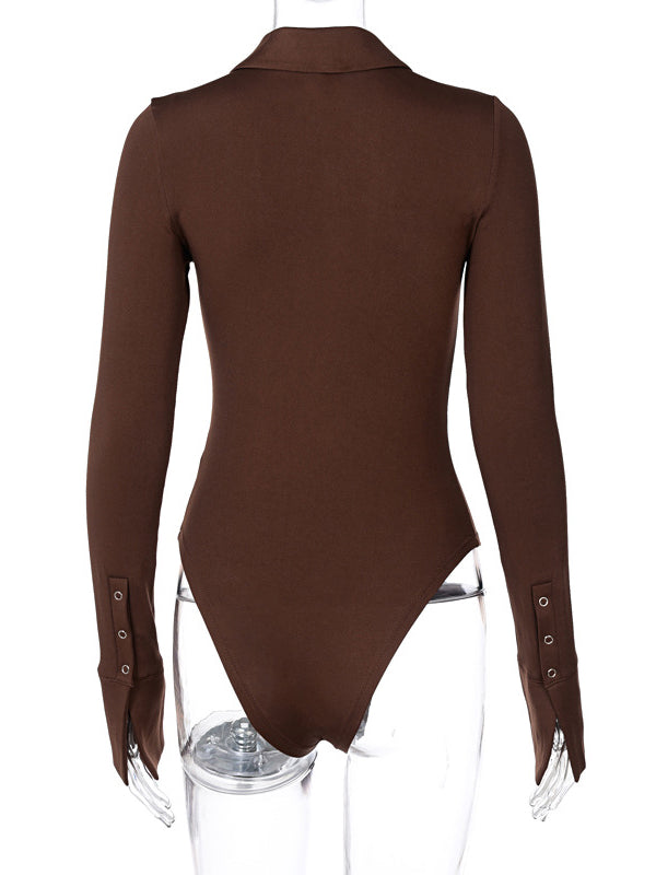 Button Lapel Long Sleeve Bodysuit