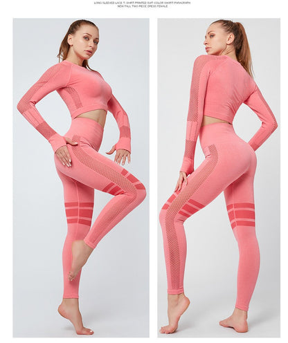 Mesh Hollow Striped Bare Midriff Yoga Suits