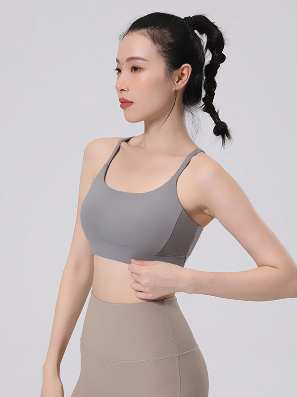 Skinny Wrap Hollow Solid Color V-Back Spaghetti-Neck Sports Bra