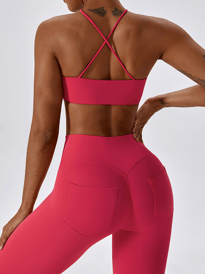 Padded Back Cross Hollow Solid Color Halter-Neck Sports Bra