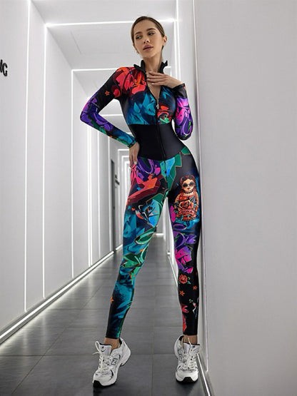 Long Sleeves Printed Split-Joint Zipper Jumpsuits