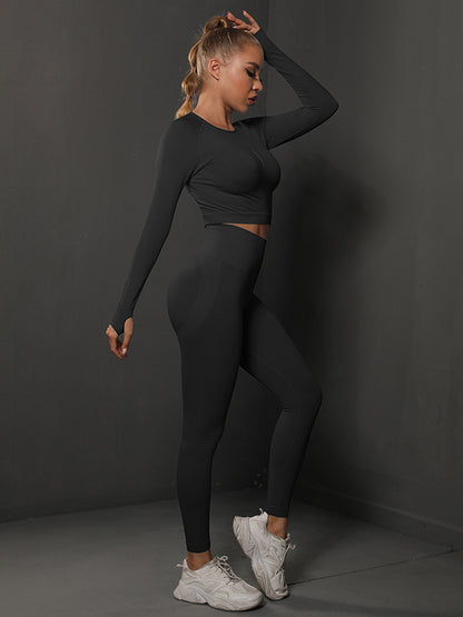 Solid Color Long Sleeve Tee & Leggings Yoga Suits