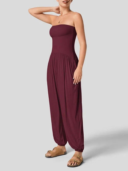 Loose Sleeveless Pleated Pockets Solid Color Tube Jumpsuits