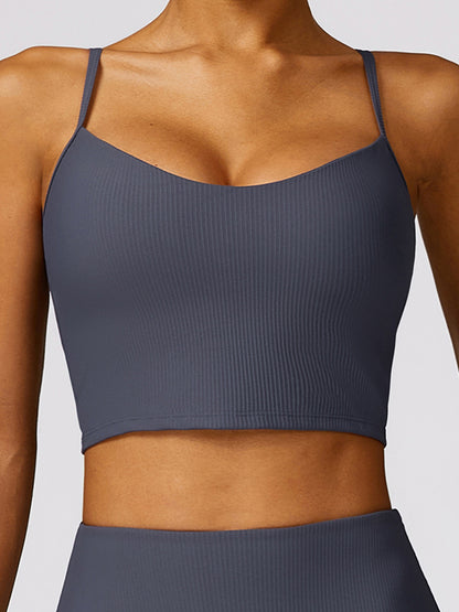 Skinny Wrap Hollow Solid Color Spaghetti-Neck Sports Bra