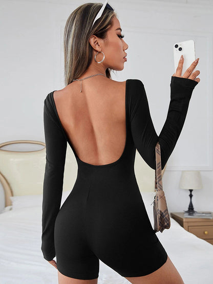 Casual Long Sleeves Skinny Backless Solid Color Round-Neck Rompers