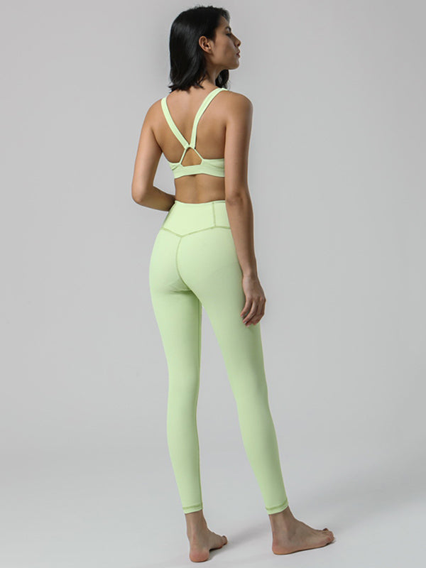 Back Cross Solid Color High-Waisted Bra&Leggings Sports Suits