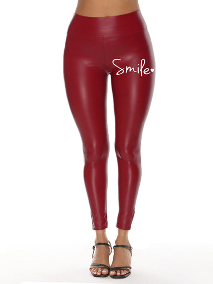 Letter Print High Waisted Leather Leggings