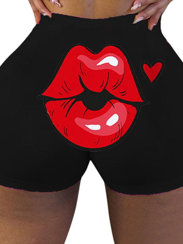 Red Lip Print High-Waisted Hip Lift Sports Shorts