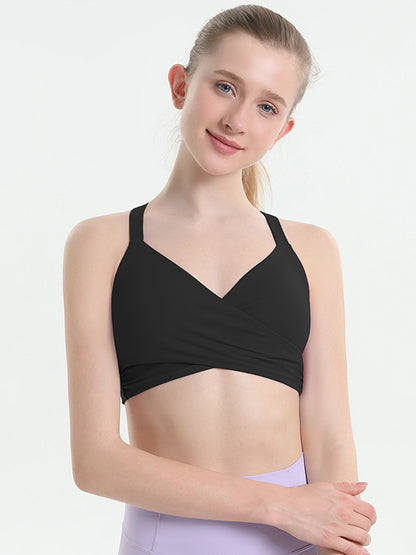 Skinny Wrap Back Cross Hollow Solid Color V-Neck Sports Bra