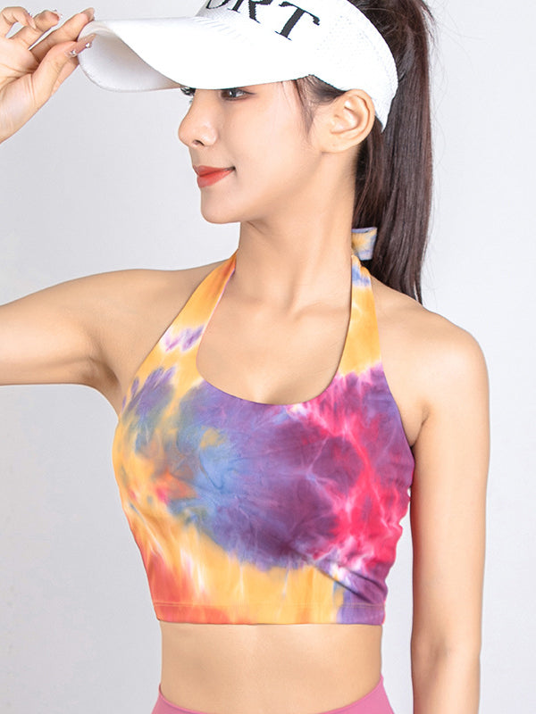 Skinny Wrap Bandage Contrast Color Tie Dye Halter-Neck Sports Bra