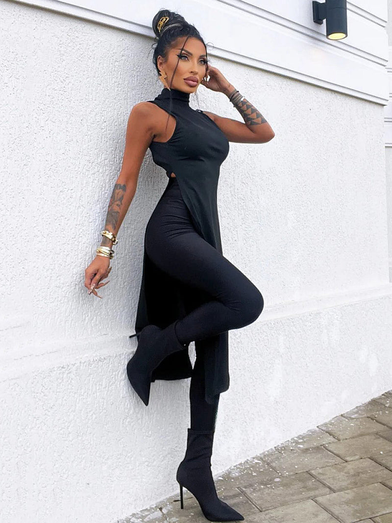 Split-Side High-Neck Vest Top&Leggings Suits