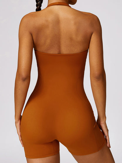 Skinny Wrap Backless Solid Color Halter-Neck Rompers