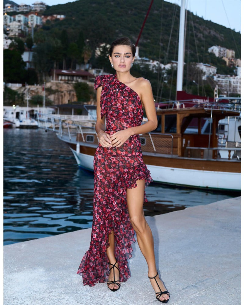 2024ss sexy slant shoulder ruffled dress