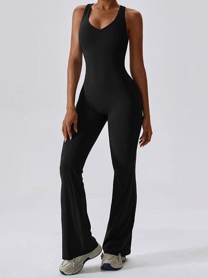 Skinny Wrap Backless Solid Color U-Neck Jumpsuits