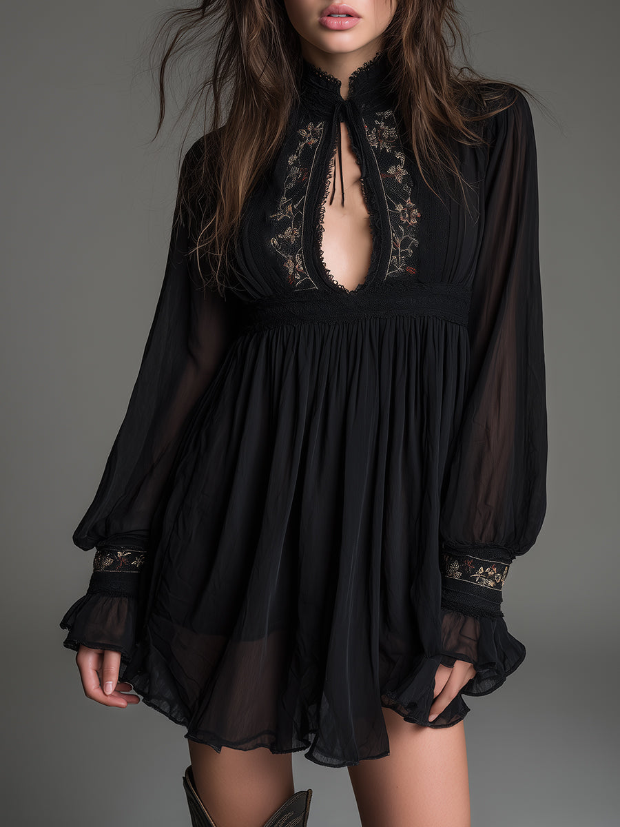 Bohemian Embroidered Chiffon Mini Dress With Keyhole Neckline