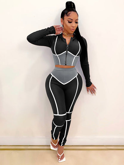 Contrast Color V-Neck Long Sleeve Tight Fashion Yoga Fitness Suits