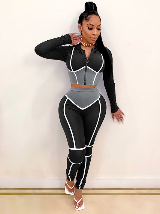 Contrast Color V-Neck Long Sleeve Tight Fashion Yoga Fitness Suits