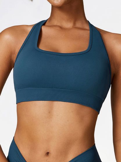 Wrap Back Cross Hollow Solid Color Square-Neck Sports Bra