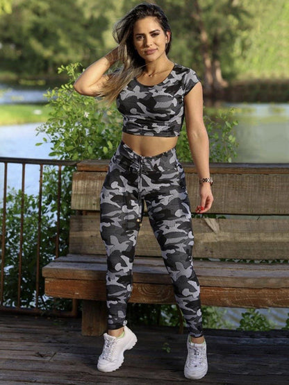 Camouflage Short Sleeve Top&High-Waisted Leggings Sports Suit