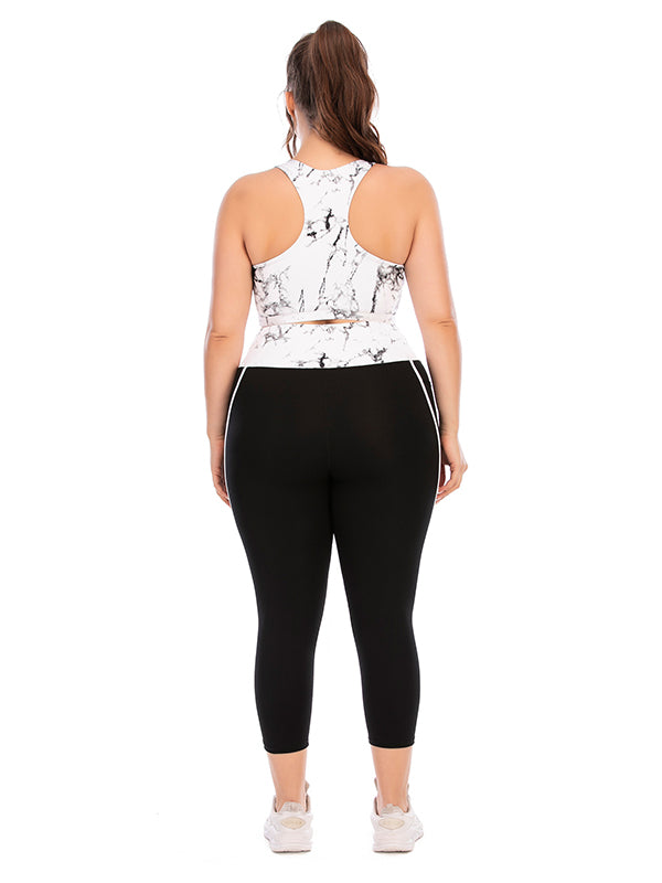 Plus Size Color-Block High-Waisted Hollow Printed Spaghetti-Neck Bra&Leggings Suits