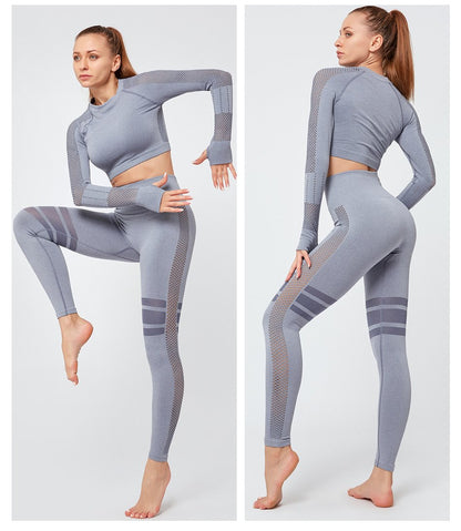 Mesh Hollow Striped Bare Midriff Yoga Suits