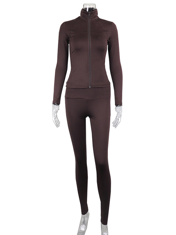 Solid Color Zip Stand Collar Yoga Suits