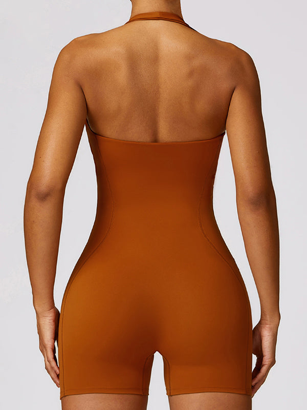 Skinny Wrap Backless Solid Color Halter-Neck Rompers