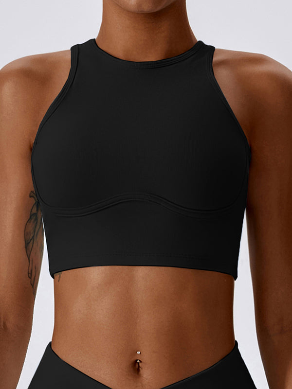 Cropped Skinny Hollow Solid Color Round-Neck Yoga Tops