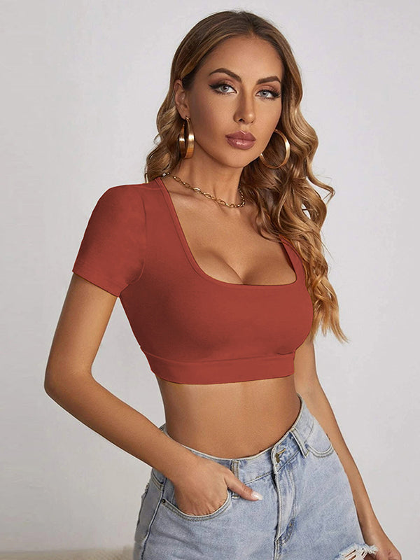 Cropped Skinny Solid Color T-Shirts Square-Neck Tank