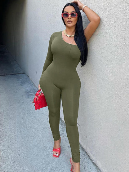 Skinny Leg Wrap Solid Color One-Shoulder Jumpsuits