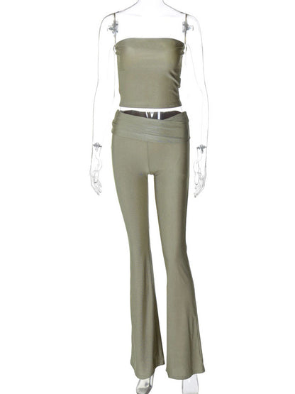 Skinny Sleeveless Solid Color Tube Tank&Flared Trousers Suits