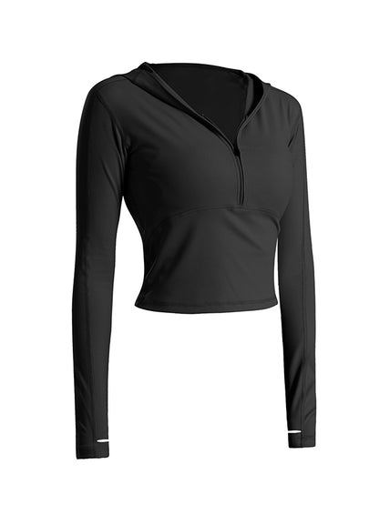 Long Sleeves Wrap Hood Solid Color Zipper V-Neck Yoga Tops