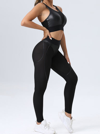 Skinny Wrap Contrast Color Spaghetti-Neck Sports Bra&Leggings Suits