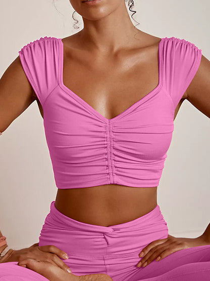 Wrap Hollow Pleated Solid Color Yoga Tops