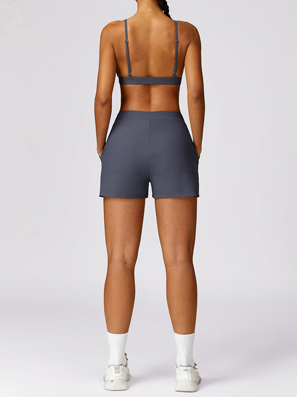 Wrap Pockets Solid Color Sports Shorts