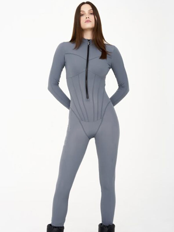 Skinny Solid Color Zipper Round-Neck Jumpsuits