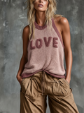 Chic Casual Camel Colorblock Chenille Embroidery Round-Neck Sleeveless Loose-Fit Knit Tank Top_Pink