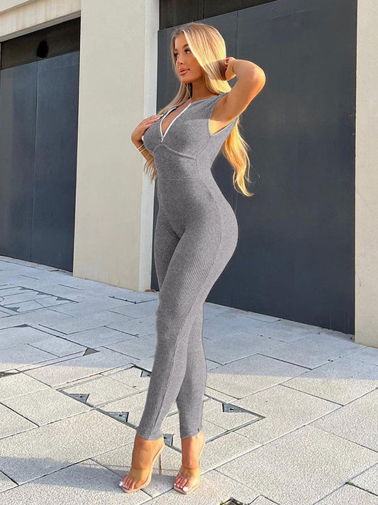 Skinny Sleeveless Backless Solid Color Zipper Jumpsuits