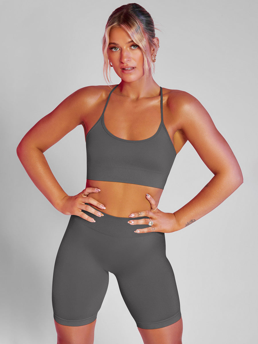 Solid Color Back Crossover Bra & Leggings Sports Suits