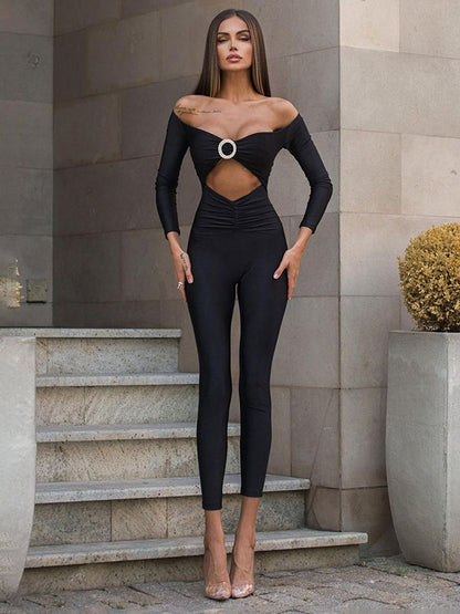 Skinny Hollow Solid Color Off-The-Shoulder Jumpsuits