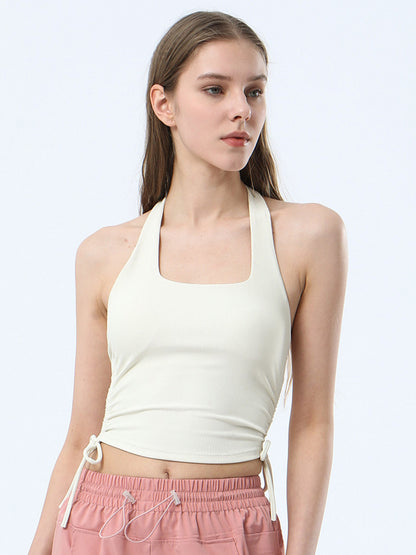 Backless Drawstring Solid Color Halter-Neck Yoga Tops