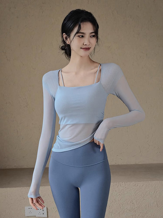 False Two Long Sleeves Hollow Solid Color Split-Joint Yoga Tops